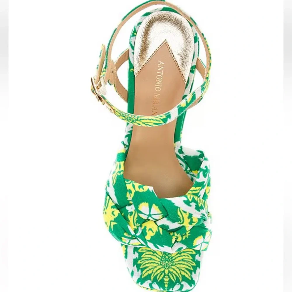 NWT Antonio Melani Mya Royal Palm Print Braided Platform Dress Sandals Sz 8
